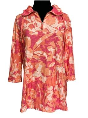 Chico’s Weekends | Pink Coral Quarter Zip Cotton Pullover Top, Medium